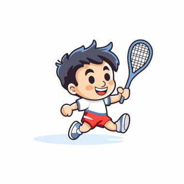 Tenis oynayan çocuk beyaz arka planda izole edilmiş karakter vektörü illüstrasyonu.
