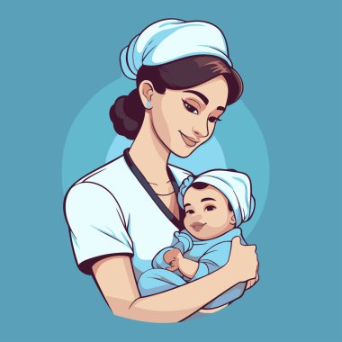 Kollarında bebek olan bir hemşire. Çizgi film tarzında vektör illüstrasyonu.