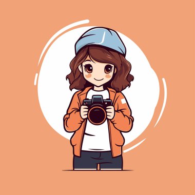 Kameralı şirin küçük kız. Çizgi film tarzında vektör illüstrasyonu.