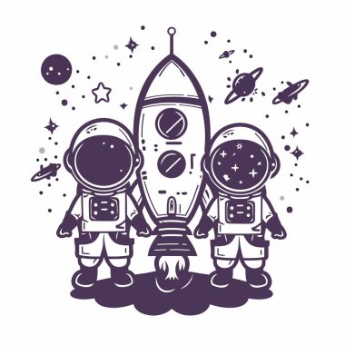 Uzaydaki astronot çocuklar. Vektör çizimi. Monokrom sürümü.