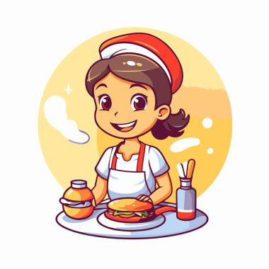 Kırmızı Noel Baba şapkalı ve önlüklü tatlı bir kız hamburgeri pişiriyor. Vektör illüstrasyonu