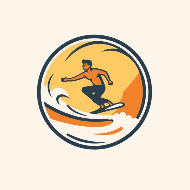Sörf logosu şablonu. Dalgalarda sörf yapan bir adamın vektör çizimi.