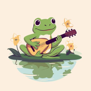 Gölde gitar çalan sevimli bir kurbağa. Vektör illüstrasyonu.