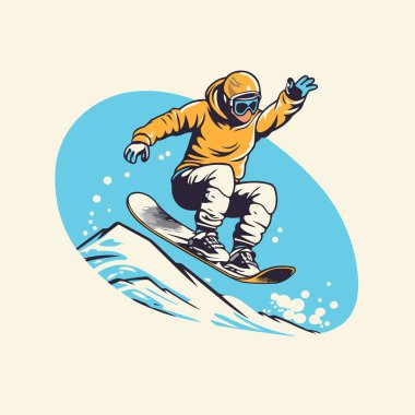 Snowboardcu havada zıplıyor. Retro biçiminde vektör illüstrasyonu