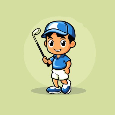 Elinde golf sopası tutan çizgi filmci bir golfçü. Vektör illüstrasyonu.