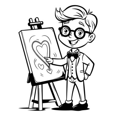 Easel 'de Kalp Çizen Çocuk - Siyah ve Beyaz Çizgi Film İllüstrasyonu. Vektör