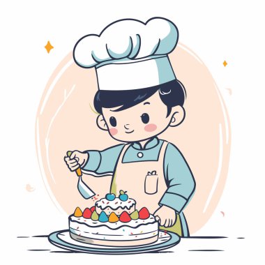 Pastalı tatlı aşçı çocuk. Çizgi film tarzında vektör illüstrasyonu.