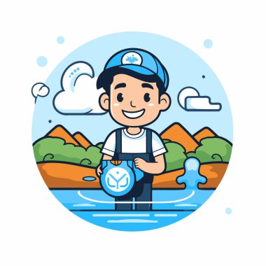 Denizci şapkası takmış, saati olan sevimli bir çizgi film çocuğu. Vektör illüstrasyonu.