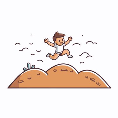 Çizgi filmci çocuk kumda koşuyor. Düz biçim vektör illüstrasyonu.