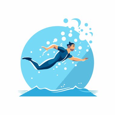 Yüzücü suya atlıyor. Beyaz arkaplanda düz biçim vektör illüstrasyonu.