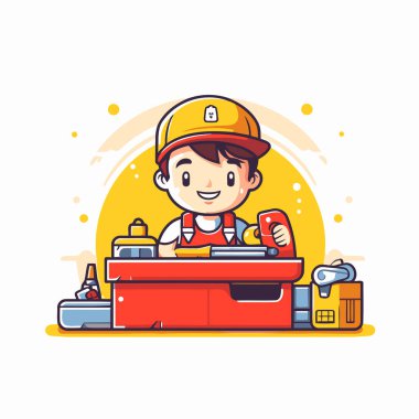 Tamir atölyesinde çalışan şirin bir çocuk. Vektör illüstrasyonu.