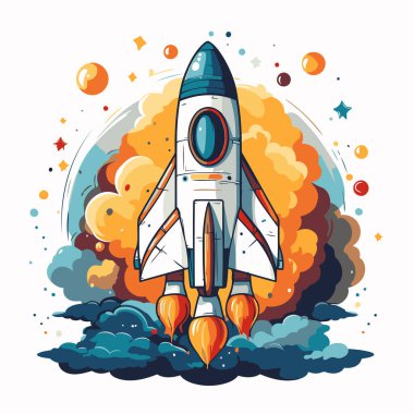 Uzay roketi uzayda uçuyor. Çizgi film vektör çizimi. Uzay keşfi ve macera konsepti.