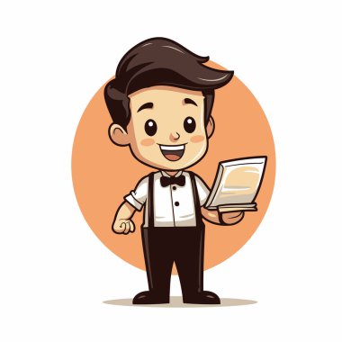 Tatlı çizgi film garsonu menüsünü tutuyor. Vektör illüstrasyonu beyaz arkaplanda izole edildi.