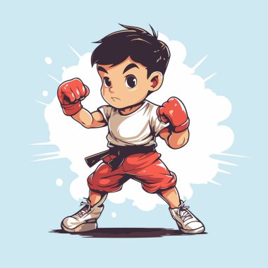 Kırmızı boks eldivenli çizgi film boksörü çocuk. Bir dövüşçünün vektör illüstrasyonu.
