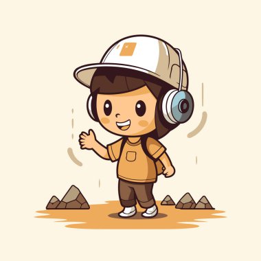 Kask takıp müzik dinleyen sevimli çizgi film kaşifi çocuk. Vektör illüstrasyonu.