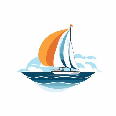 Denizde yelkenli. Düz biçimli vektör illüstrasyonu.