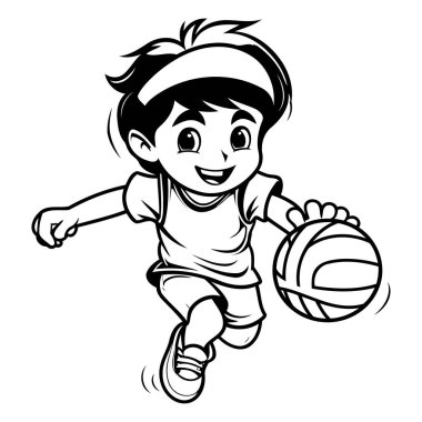 Beyaz arka planda izole edilmiş basketbol oynayan küçük çocuk. Tasarımınız için vektör illüstrasyonu