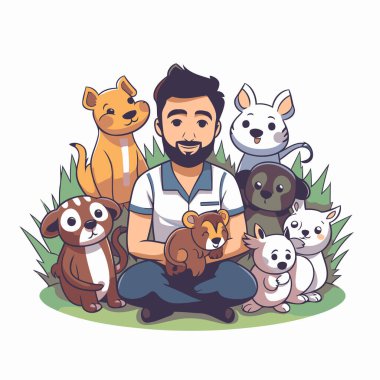 Bir grup evcil hayvanı olan bir adamın vektör çizimi. Çizgi film biçimi.