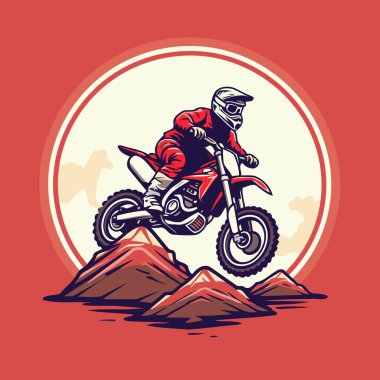 Bir dağda motokros binicisi. Retro biçiminde vektör illüstrasyonu.