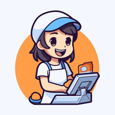 Kasayı kullanan tatlı bir kız. Çizgi film tarzında vektör illüstrasyonu.