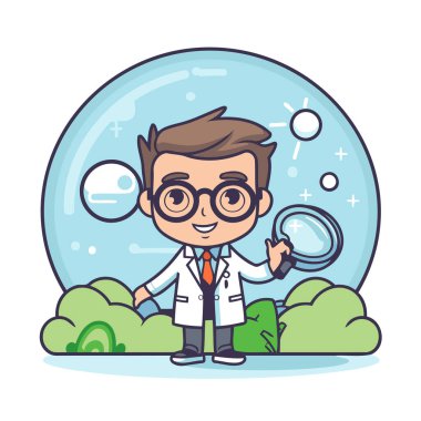 Büyüteç-Vektör Karakter Çizim Tasarımı Bilimadamı