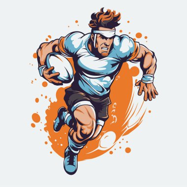Rugby oyuncusu aksiyon çizgi film sporu grafik vektörü. Toplu atlet.