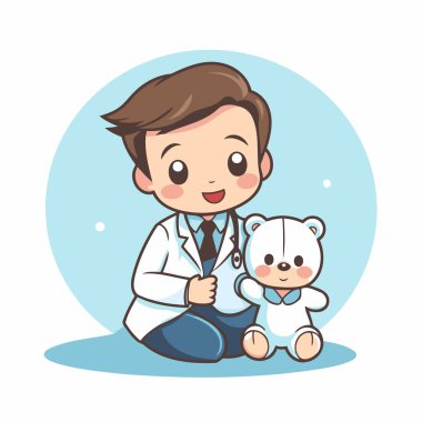 Oyuncak ayıyla sevimli bir karikatür doktorunun vektör çizimi..