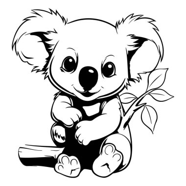 Koala bir dala oturmuş ve elinde bir kitap tutuyor. Vektör illüstrasyonu.