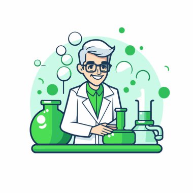 Laboratuvar önlüğü ve mataralı gözlüklü bilim adamı. Vektör illüstrasyonu.