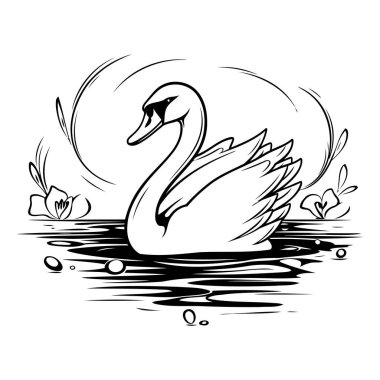 Gölde kuğu. Boyama kitabı için siyah ve beyaz vektör çizimi.