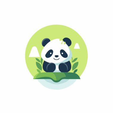 Kitabın üzerinde oturan sevimli panda. Düz biçim vektör illüstrasyonu.