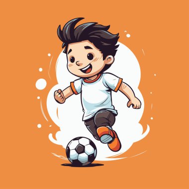 Çizgi filmci çocuk turuncu arka planda topla futbol oynuyor. Vektör illüstrasyonu