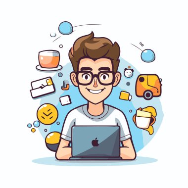 Dizüstü bilgisayarı ve sosyal medya ikonları olan genç bir adam. Çizgi film tarzında vektör illüstrasyonu.