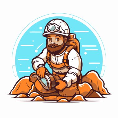 Elinde el feneri olan bir astronot. Vektör illüstrasyonu.