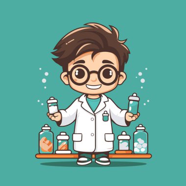 Bilim elbisesi ve test tüpleri tutan gözlüklü yakışıklı çocuk. Vektör illüstrasyonu.