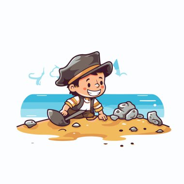 Kumda çukur kazan sevimli çizgi film çocuğu. Vektör illüstrasyonu.