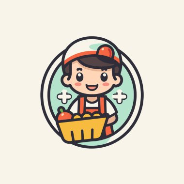 Elinde bir sepet sağlıklı yiyecek tutan sevimli çocuk. Vektör illüstrasyonu.