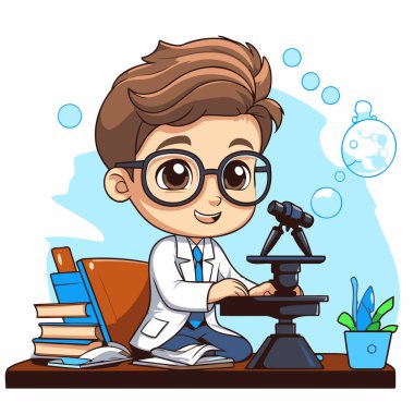 Mikroskobu ve kitapları olan sevimli bir çocuk. Vektör çizgi film karakteri çizimi.