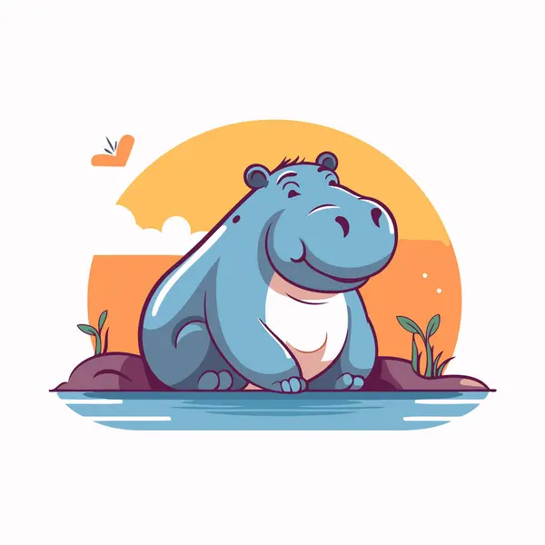 Hippopotamus Het Meer Vector Illustratie Cartoon Stijl — Stockvector