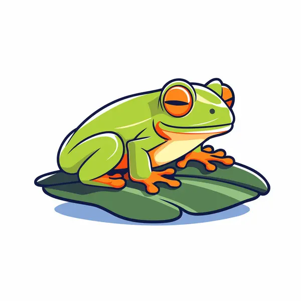 Cartoon Green Frog Sitting Green Leaf Vector Illustration — Stock Vector