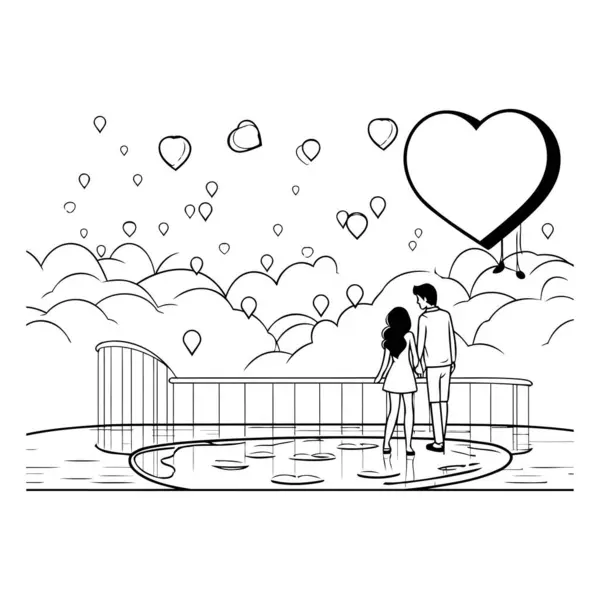 Hava Vektörü Çiziminde Yüzen Balon Helyumuna Aşık Çift — Stok Vektör