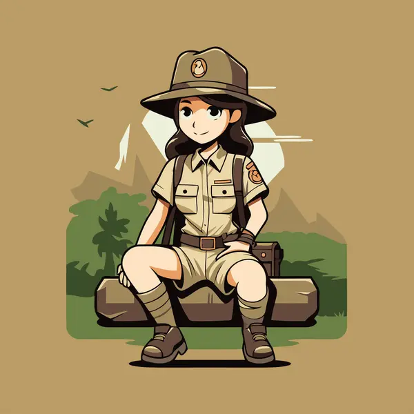 Safari Kıyafetli Şirin Bir Kız Bavulun Üzerinde Oturuyor Vektör Illüstrasyonu — Stok Vektör