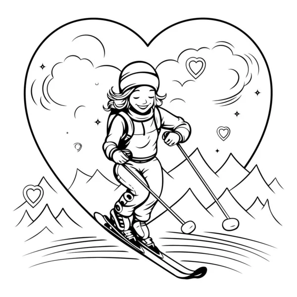 Miúda Esquiar Nas Montanhas Ilustração Vetorial Preto Branco Para Colorir — Vetor de Stock