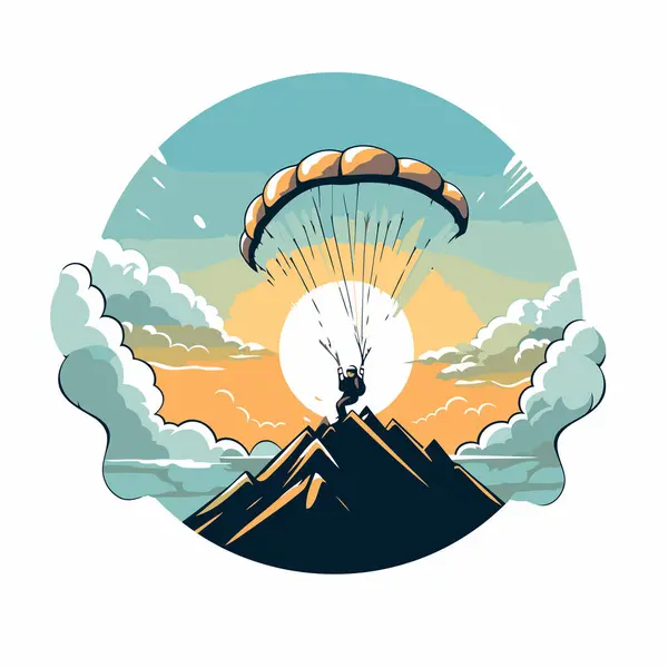 Paraglider Flying Mountains Vector Illustration Retro Style — Stock Vector