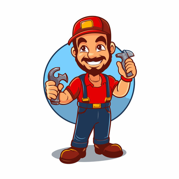Cartoon handyman character with wrench isolated on white background vector illustration