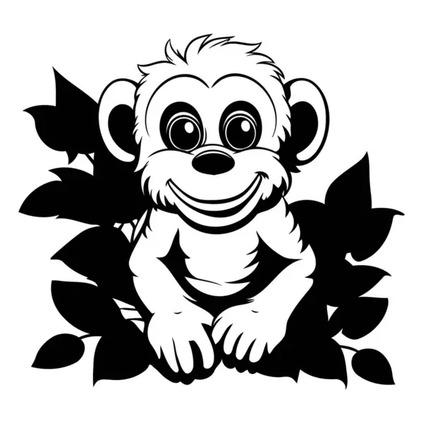 Monkey Leaves Black White Vector Illustration Coloring Book — Stock Vector