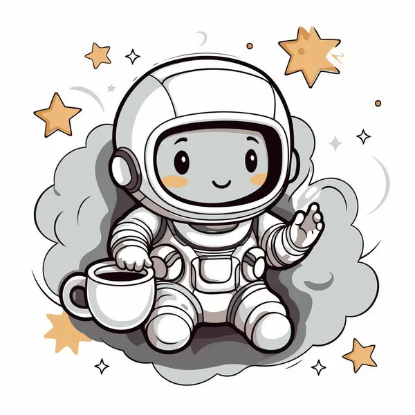 Astronot Lucu Dengan Secangkir Teh Ilustrasi Vektor Kartun - Stok Vektor