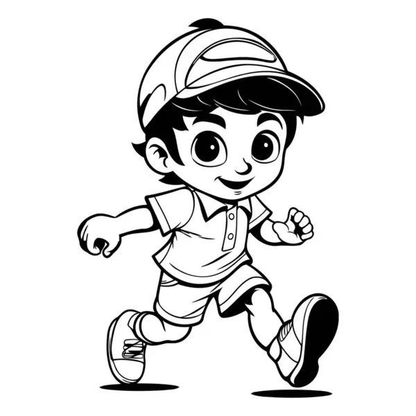 Cute Little Boy Running Black White Cartoon Illustration Vector — Stock Vector
