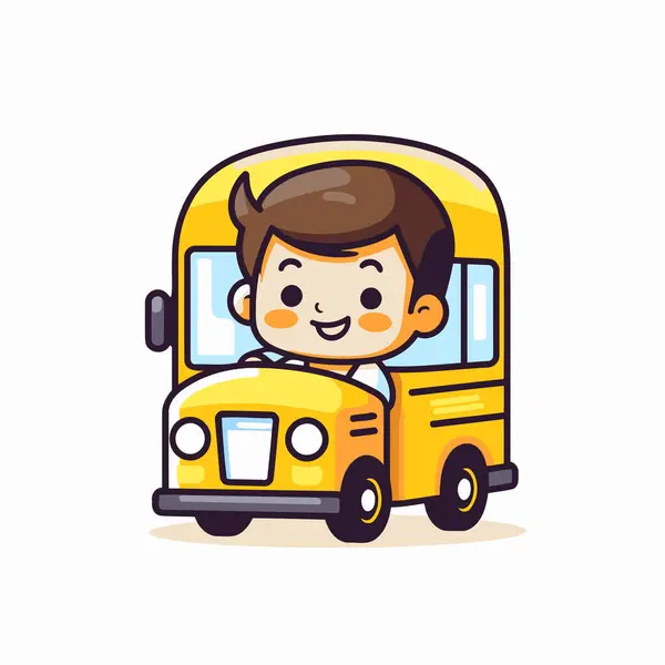 Happy Schoolboy Riding School Bus Cute Cartoon Vector Illustration — Stock Vector