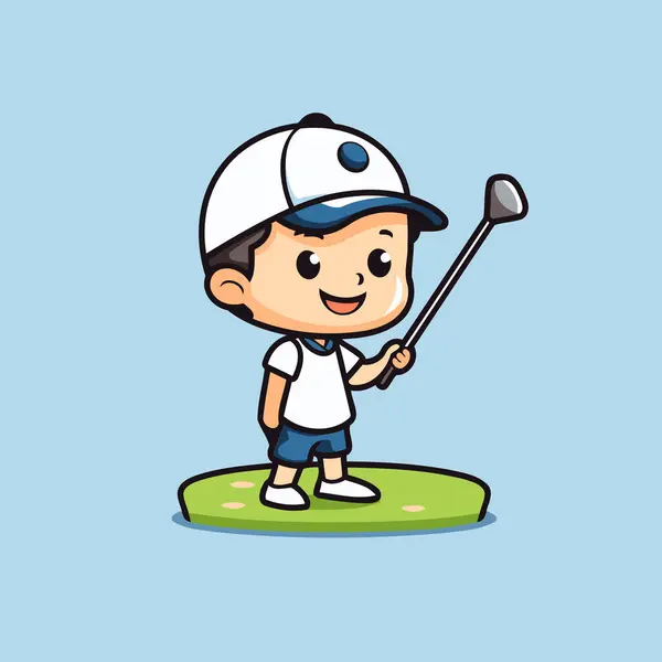 Cute Boy Playing Golf Golf Course Cartoon Vector Illustration — Stock Vector
